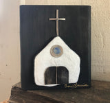 White stone Chapel on Salvage Wood