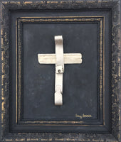 Metal Cross ~ 15 x 17 Original Art in Painted Vintage Wood Frame