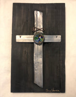 Silver Metal Cross Art on Salvaged Wood