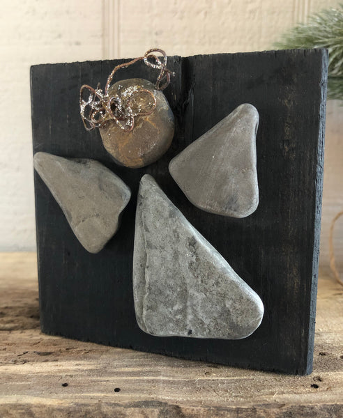 Small Stone & Metal Angel on Salvage Wood